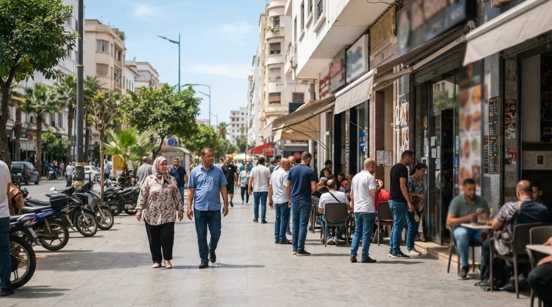 Boulevard Al Massira Al Khadra in Maârif with Zara, Mango and other storefronts lining the pavement, midday light and pedestrians moving between cafés and shop windows