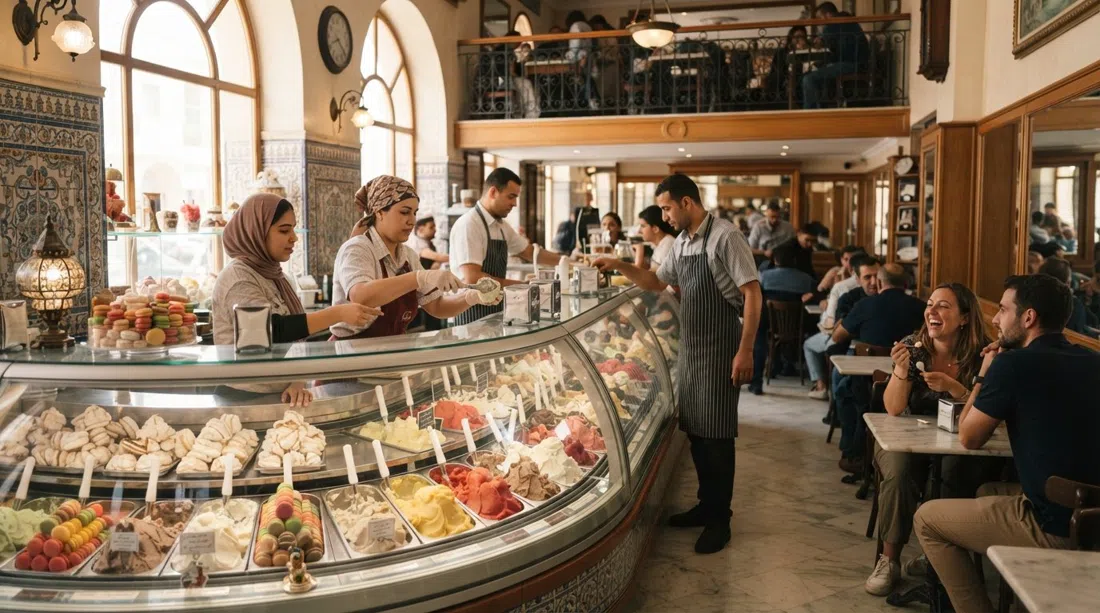 the Venetian-styled interior of Oliveri in Maârif, glass gelato cases with sorbets, meringues and macaroons, afternoon light and a nostalgic Casablanca café atmosphere