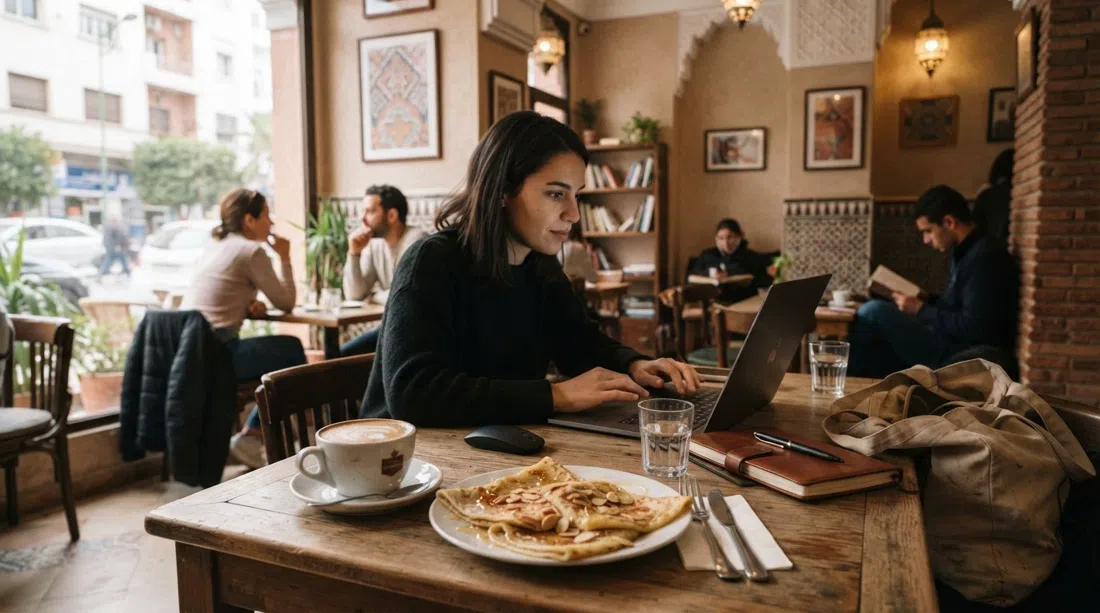 a cappuccino and crepes at Sinya Coffee in Maârif, laptop on the table, warm café lighting and a calm work-friendly corner