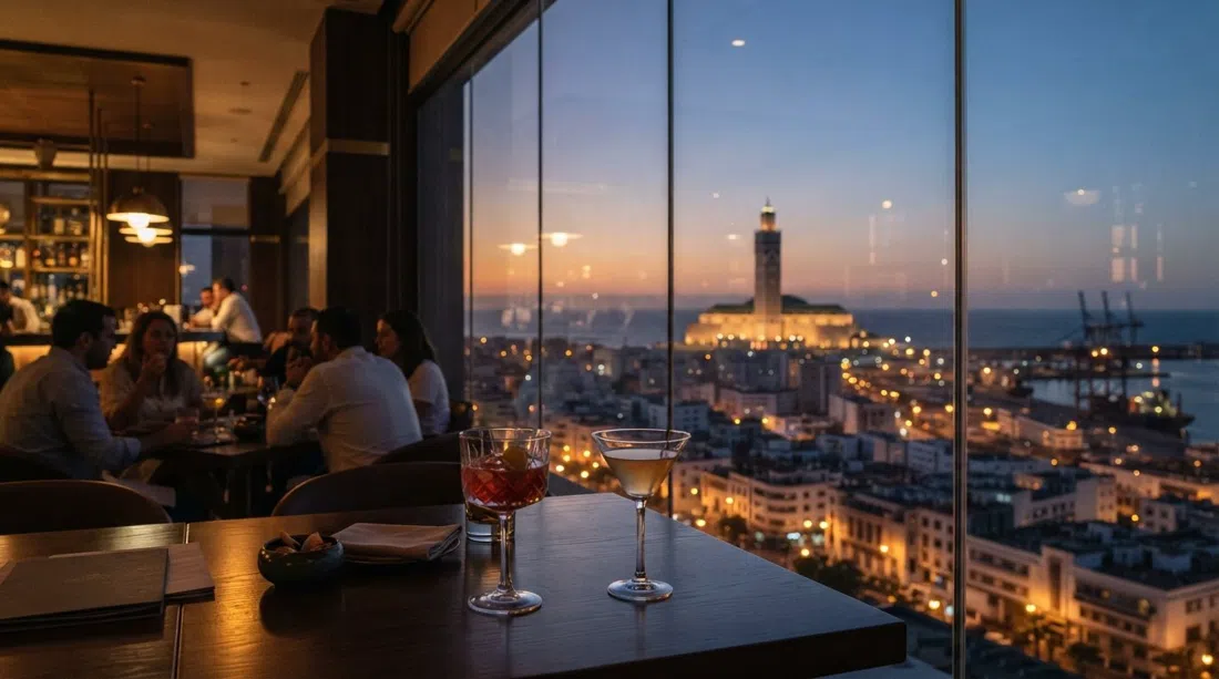 the floor-to-ceiling windows at Sky 28 in the Kenzi Tower, Casablanca’s port and Hassan II Mosque visible at dusk, cocktail glasses catching the last light
