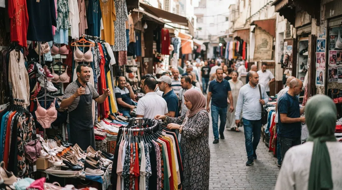 a busy section of Maârif’s smaller bazars near Boulevard Al Massira Al Khadra, racks of clothes, shoes and lingerie spilling onto the pavement, shopkeepers calling prices