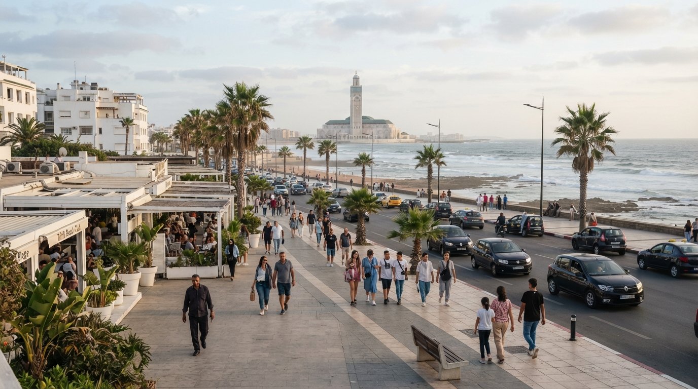 the Boulevard de la Corniche at late afternoon, palm rows and the Atlantic surf visible beyond low beach clubs and parked cars