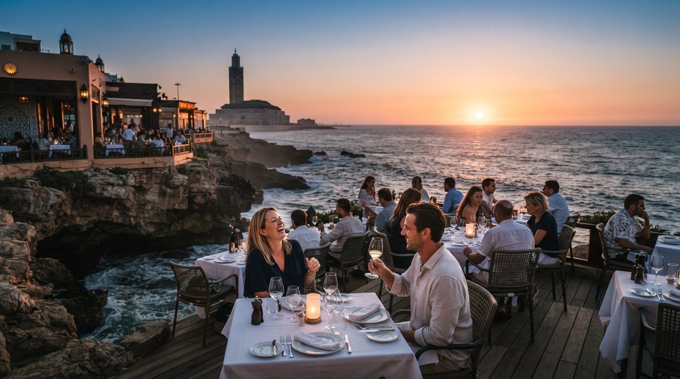 Le Cabestan (Ocean View) at sunset, its clifftop terrace facing the Atlantic with tables set close to the water