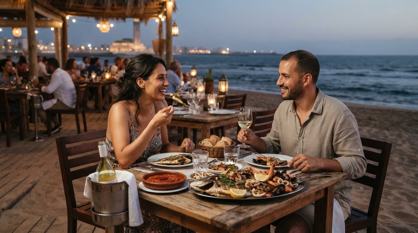 a seafood dinner at Le Pilotis inside Tahiti Beach Club, terrace tables over the sand with the ocean beyond