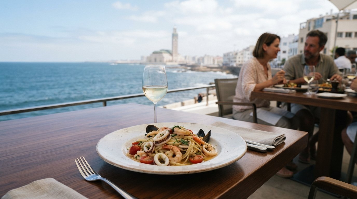 a fish tartare or house pasta at Relais de Paris by Villa Blanca, plated on a polished seafront restaurant table