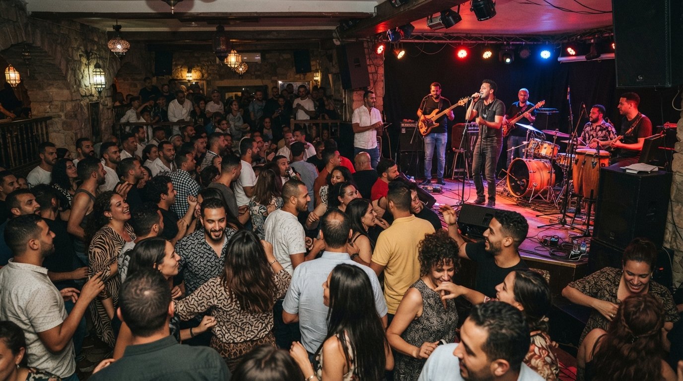 the interior of Amstrong on the Corniche, crowded live-music room with a packed dance floor and band stage