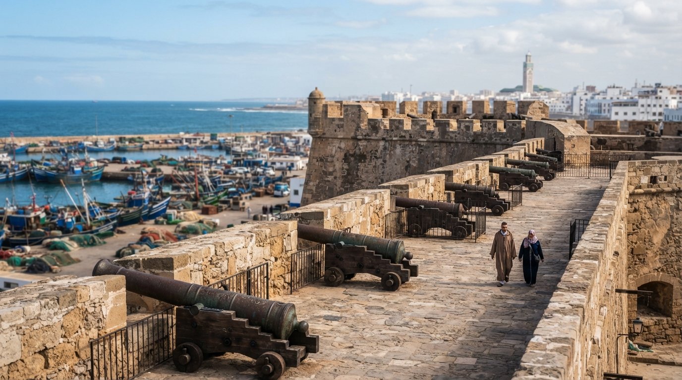 the Sqala bastion in Casablanca’s Ancienne Medina, old cannons lined along the seaward ramparts with the Atlantic and fishing port beyond