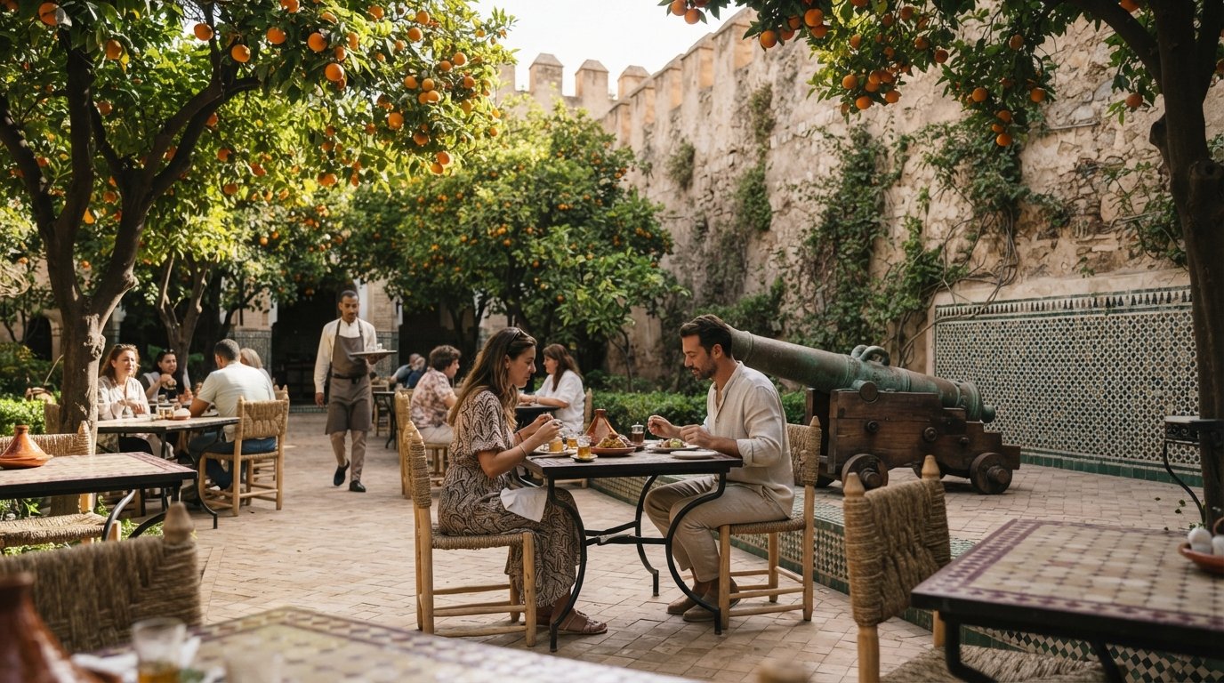 La Sqala in Casablanca, a walled garden restaurant with orange trees, old cannons and Moroccan tilework under the 18th-century ramparts