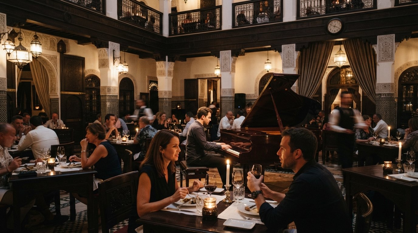 the low-lit courtyard interior of Rick’s Café in Casablanca, arched riad-style rooms, polished tables and a piano bar atmosphere at dinner