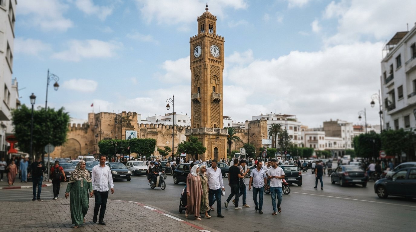 the Tour de l’Horloge on Casablanca’s United Nations Square, rebuilt clock tower rising above traffic at the medina edge in daylight