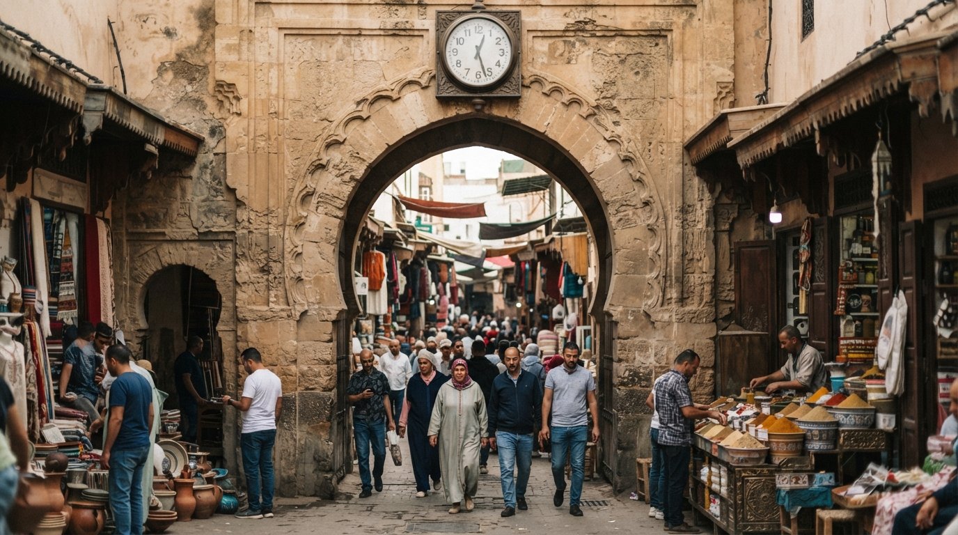Bab Marrakech in Casablanca’s Ancienne Medina, the arched sandstone gate opening into crowded souk lanes with market stalls just beyond