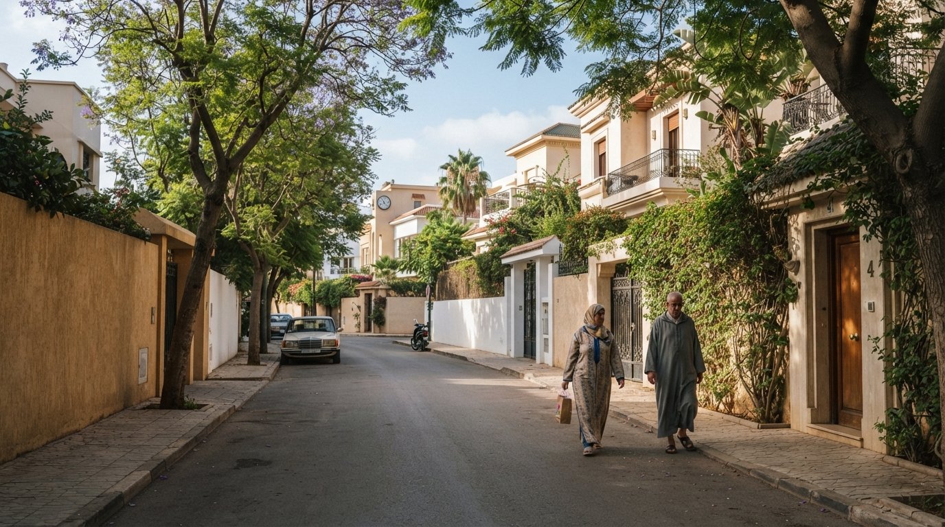 Strada residenziale di Anfa fiancheggiata da ville nella luce morbida del mattino, alti muri di confine, alberi di jacaranda e ficus che ombreggiano il marciapiede