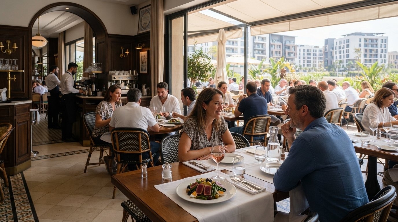 La terrazza e la sala da pranzo di La Table du Marché Casa Anfa, elegante ambiente di brasserie francese con piatti del giorno ben impiattati e luce diurna dalla terrazza