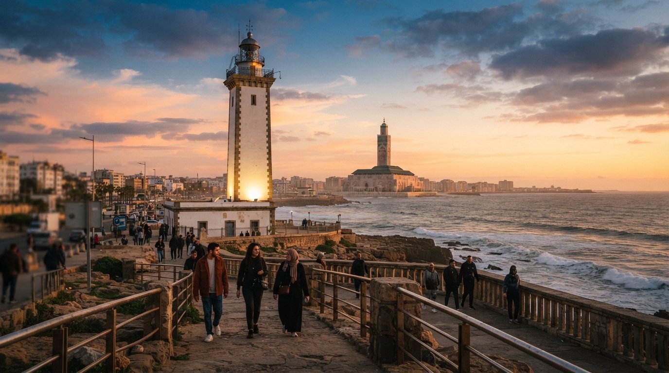 Faro El Hank al tramonto, la torre bianca contro un caldo cielo atlantico con Casablanca e la Moschea Hassan II sullo sfondo