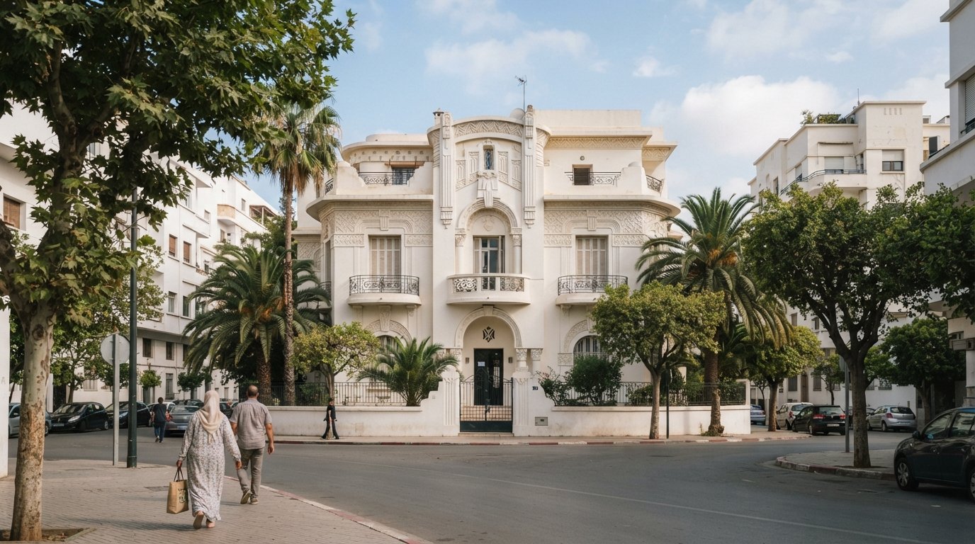 La restaurata facciata Art Déco del 1934 di Villa des Arts de Casablanca su Boulevard Brahim Roudani, incorniciata da alberi e una strada tranquilla