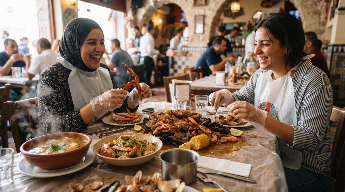 Hello Crab 海鲜煮的塑料围兜盛宴,贝类堆在桌上,佐以蟹肉香蒜意面和鱼汤