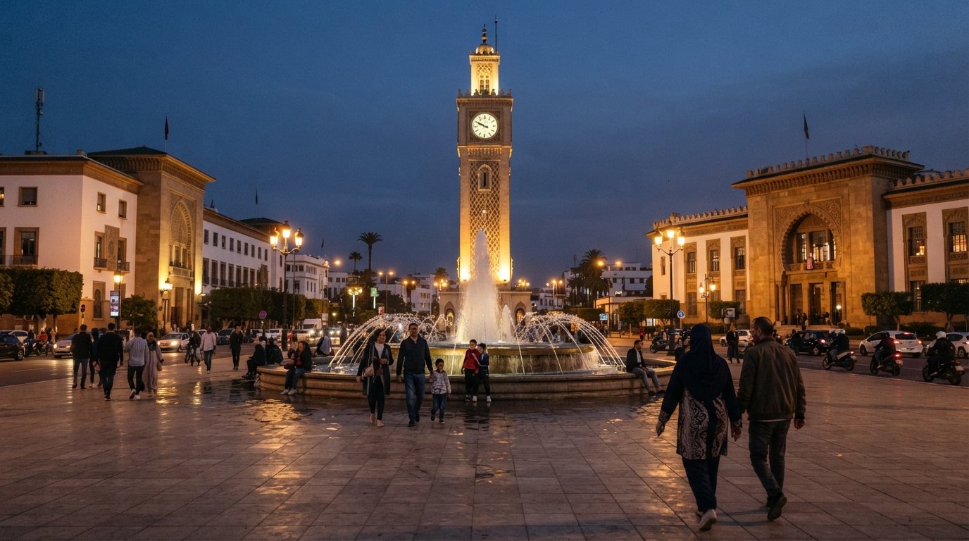 Mohammed V Square in Casablanca at dusk, the Wilaya clock tower rising above the fountain with the Palais de Justice and Bank Al-Maghrib framing the civic square