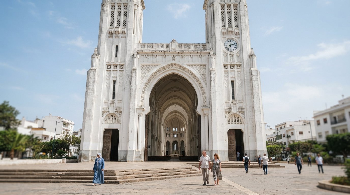the white concrete facade of Cathédrale du Sacré-Cœur in Casablanca, twin square towers against a bright sky and the vast empty nave beyond the entrance