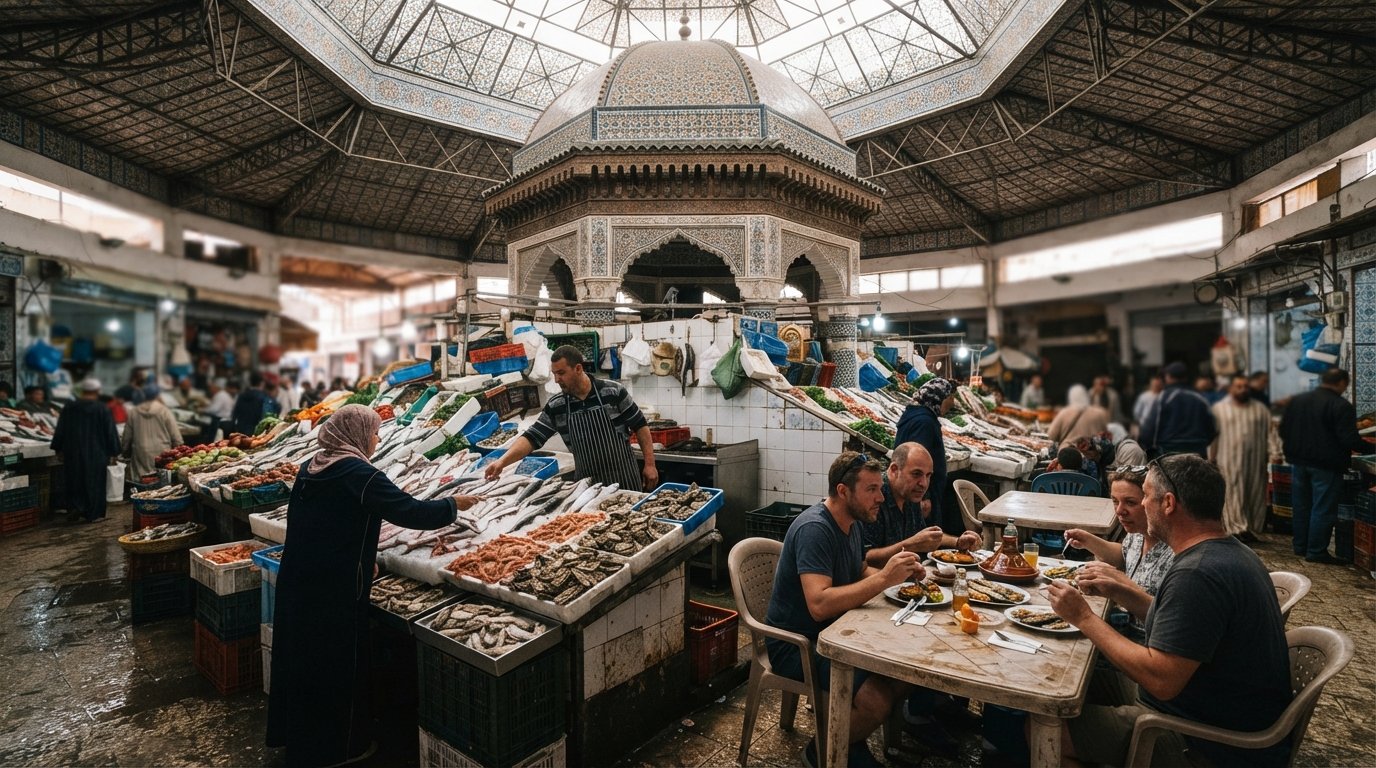 the octagonal cupola of Marché Central in Casablanca, seafood stalls below with fish, prawns and oysters, and a small grill restaurant serving lunch at plastic tables