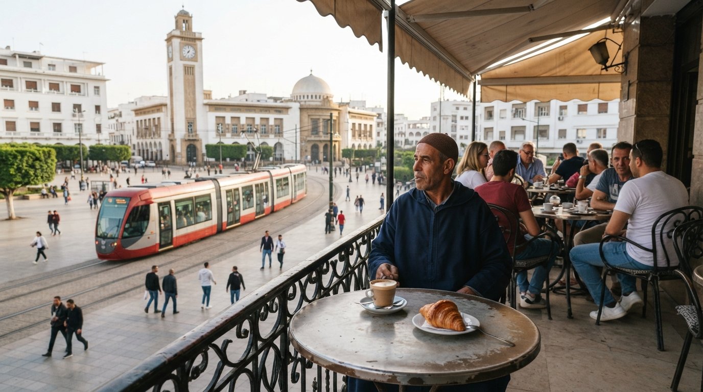 the terrace of Café de France on Place des Nations Unies, a café crème and croissant on a small table overlooking trams and pedestrians below