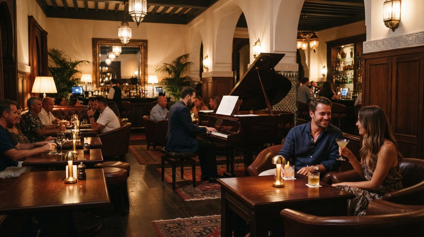 the Casablanca-themed bar inside Hyatt Regency Casablanca on Place des Nations Unies, warm evening light, piano in the corner and polished hotel-bar seating