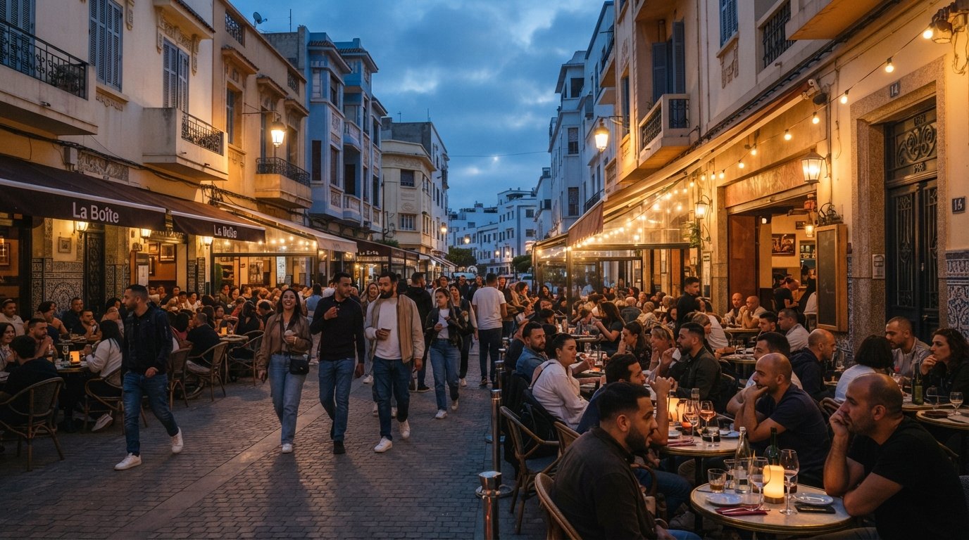 Rue Jean Jaurès i Gauthier under tidig kväll, terrassbord fylls under varma lampor, med 1930-talsfasader i låghus och fotgängare som rör sig mellan bistroer
