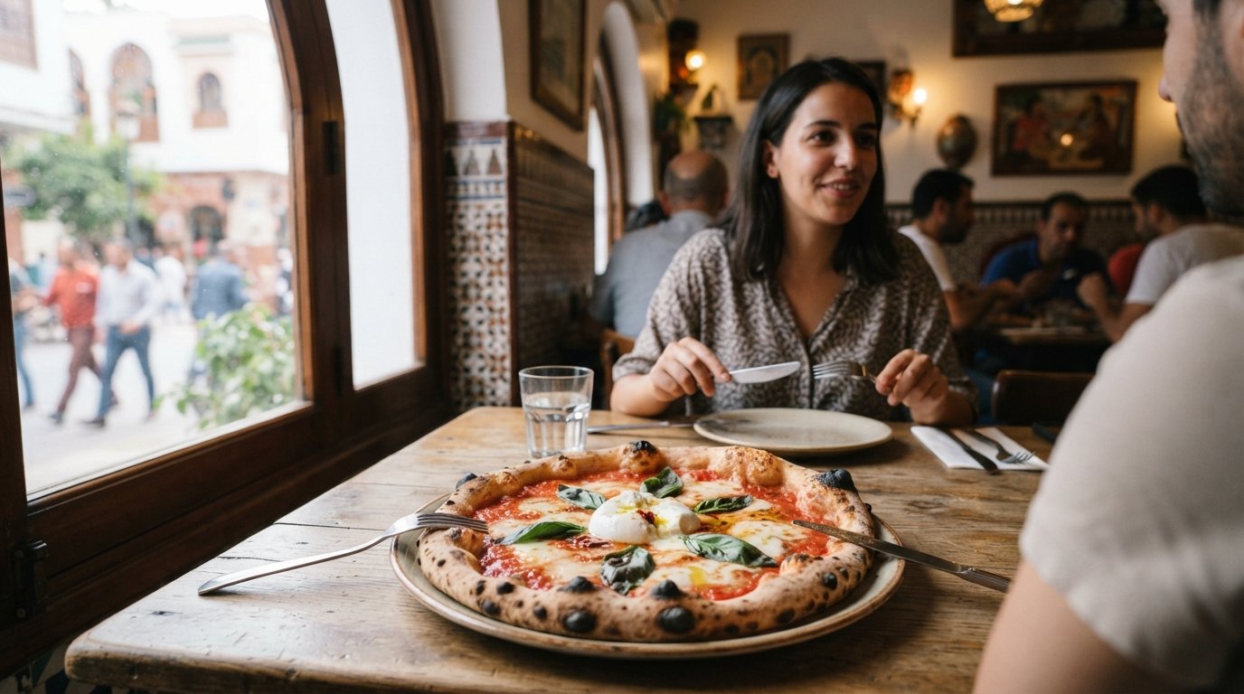en neapolitansk pizza på Le Petit Italien, med glansig tomat, burrata och blåsig kant på ett enkelt bord nära ett fönster