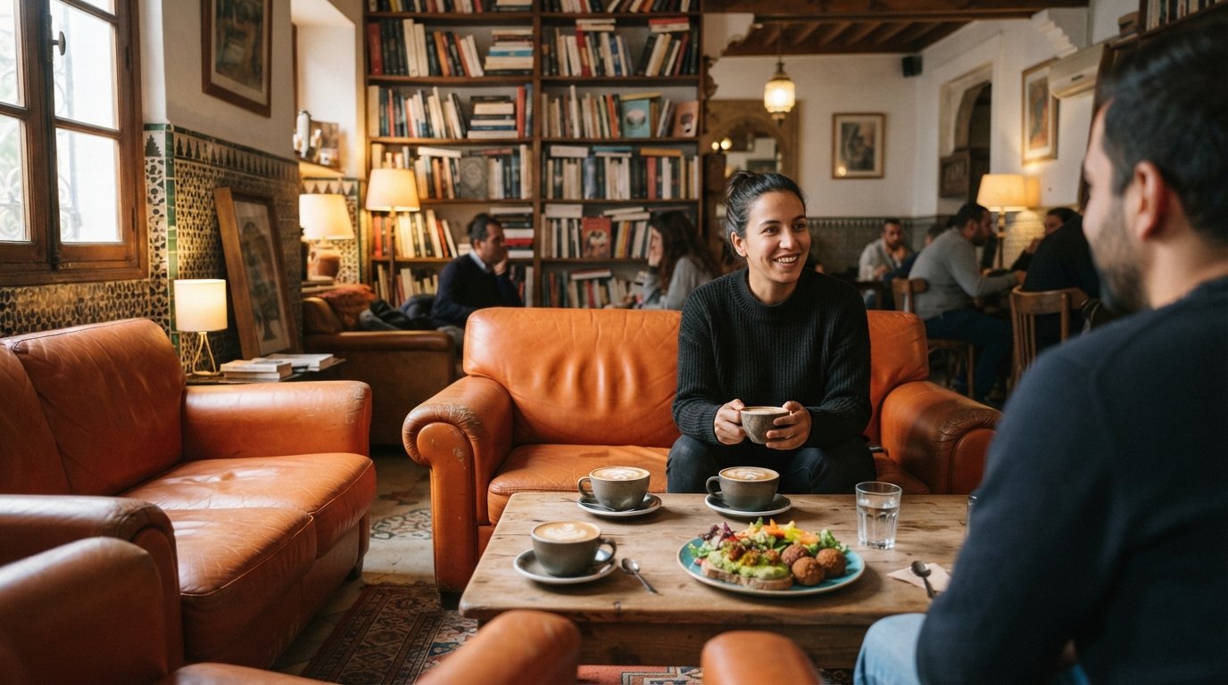 den bokhyllade interiören på Niya med orange skinnsoffor, specialkaffekoppar och en tallrik med växtbaserad mat på bordet