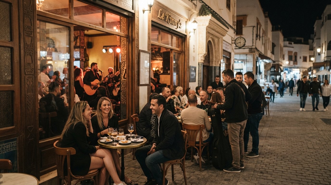 Le Kimmy'z på natten på Rue Najib Mahfoud, varmt interiörljus som faller ut på trottoaren medan gäster samlas för livemusik