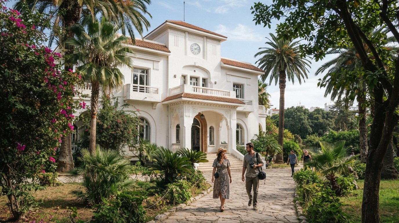den vita Art Déco-villan Villa des Arts de Casablanca i sin trädgårdsmiljö nära Parc de la Ligue Arabe, sedd i dagsljus med träd som ramar in fasaden