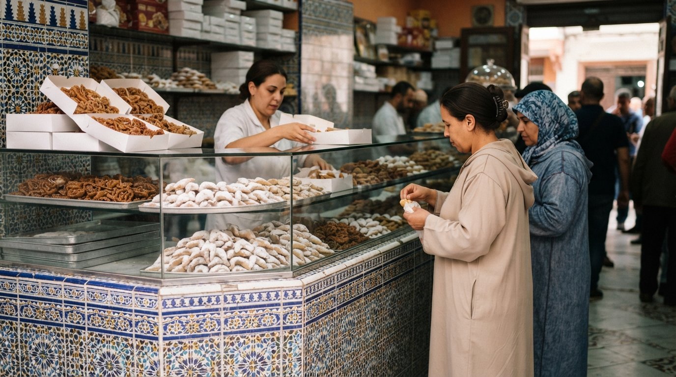 the tiled counter at Pâtisserie Bennis Habous in Casablanca, with mixed Moroccan pastries in paper boxes and cornes de gazelle stacked behind glass