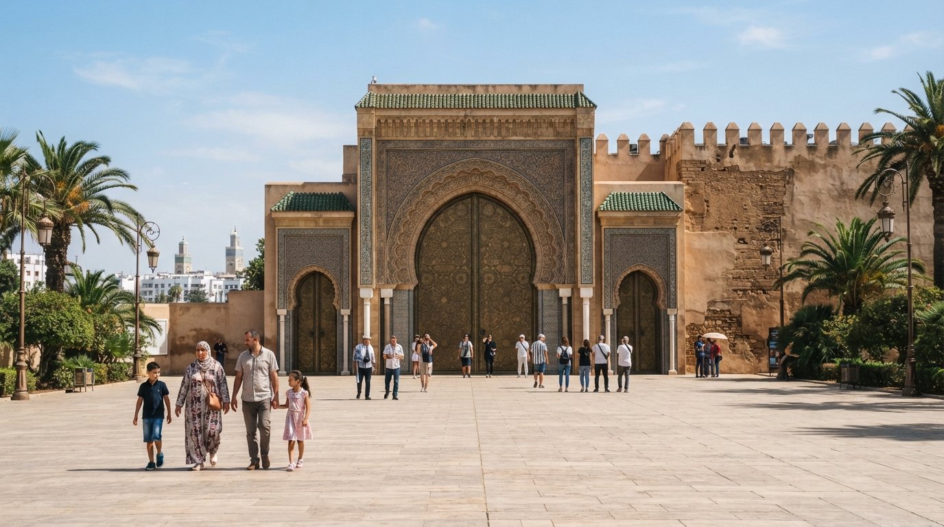 the hand-worked bronze gates of the Royal Palace of Casablanca seen from the esplanade, with formal stonework and a wide open approach in bright afternoon light