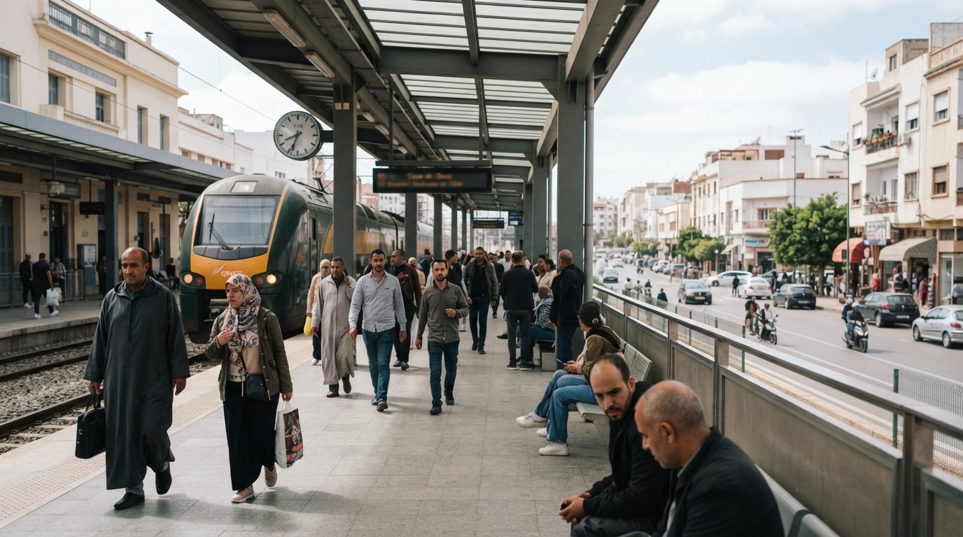 Casa-Oasis train station on Route de l’Oasis, with commuters on the platform and the residential street life of Oasis just beyond