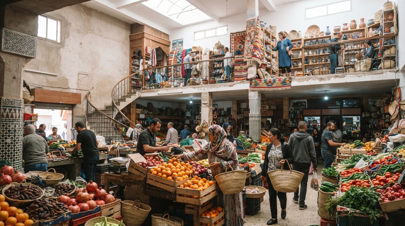 the two-floor interior of Le Marché Solidaire (Oasis), with fresh produce downstairs and craft stalls upstairs under bright market light