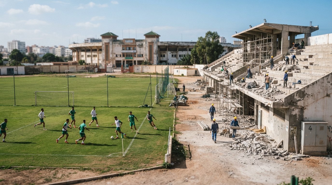 Complexe sportif Raja-Oasis, the former Stade de l’Aviation, with training pitches and renovation work under Casablanca daylight
